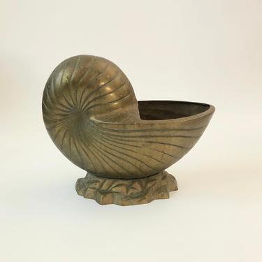 Vintage Solid Brass Nautilus Shell Planter Footed Seashell Beach
