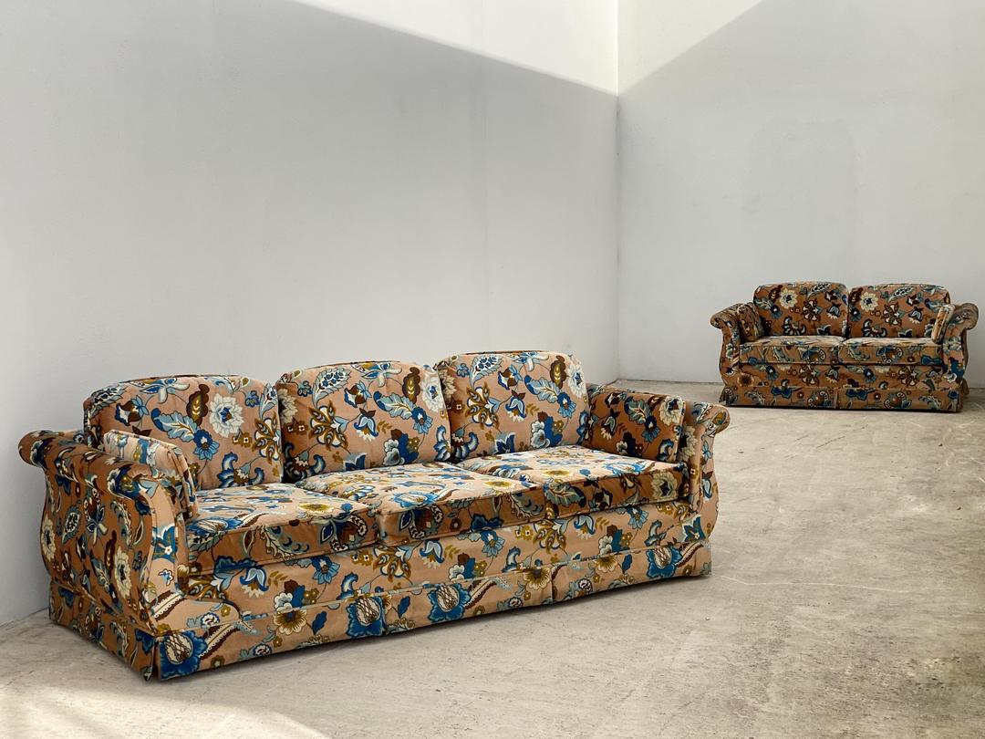 1970s Tan Blue Floral Velour Couch and Loveseat Revival