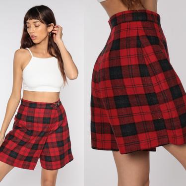 Plaid Mini Skort Red School Girl Skirt Tartan High Waisted 80s White Red Blue Preppy Checkered Retro Vintage Lolita 90s Small S 