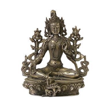 Chinese Distressed Marks Silver Color Metal Sitting Tibetan Tara Statue ws1627E 