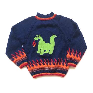 Vintage 80’s KIDS Hand-Knit Fire Dragon Sweater Sz M 