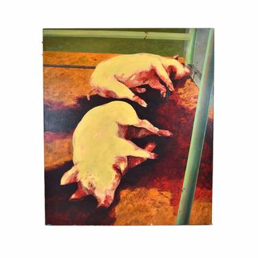 Monumental Pigs Slaughtered Laying in Blood Oil Painting by Bill Iles 