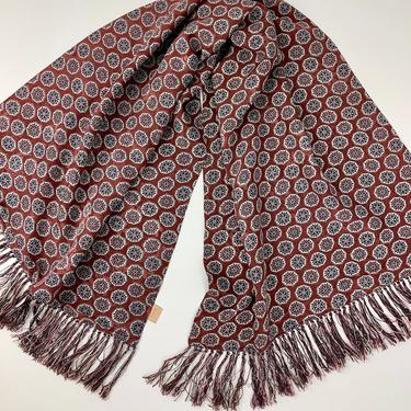 Men's 1940'S Dress Scarf - All Rayon by CISCO - Stylized Dot Jacquard Pattern in Burgundy &amp; Navy - Extra Wide - Knotted Fringe Details 