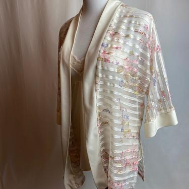 70’s sheer Lolita boudoir coverup floral knit  lightweight robe sexy sweet striped see through outerwear kimono style open size M/L 