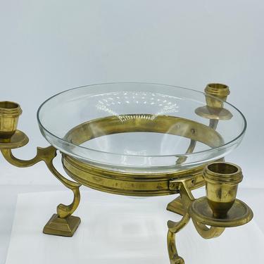 Vintage 3 Brass Candle Holders with Glass Center Bowl, Formal Dining , Center Table Display 