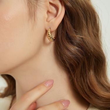 Rosey gold croissant earring, gold croissant open hoop earring, gold croissant huggie earring, gold twisted croissant hoop earring 