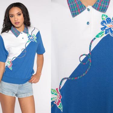 80s Floral Shirt Blue Color Block Polo Shirt Slouchy Top Print Slouch Shirt Blouse Short Sleeve T Shirt 90s Vintage White Medium 