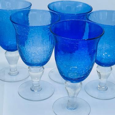 Set of (5) Blue Stemware Wine Water Goblets Crackle Glass Hand Blown 7 3/8" Artland 
