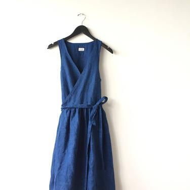 Linen Wrap Sleeveless Dress/ Made to Order Dress/ Custom Size Indigo Dress/ Indigo Blue handmade Dress/ Tailored wrap linen dress 