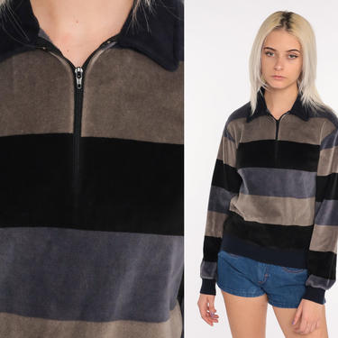 Striped Velour Sweatshirt 80s Sweatshirt Black Grey Striped Sweatshirt Long Sleeve Shirt Retro Top Quarter Zip Pullover Small 