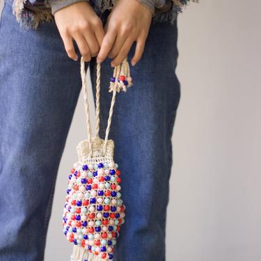 1940s Colorful Crocheted and Beaded Drawstring Bag 
