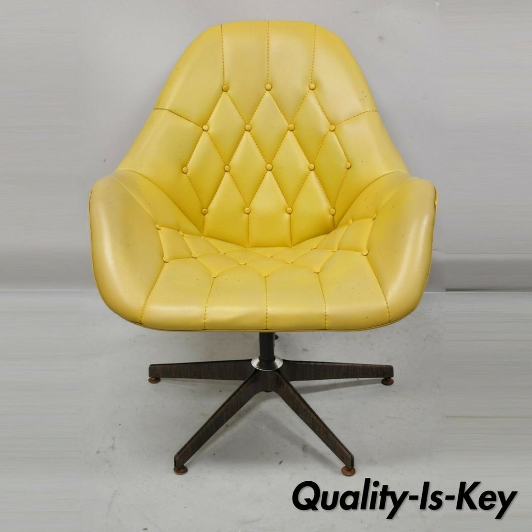 Mid Century Modern Yellow Tufted Naugahyde Swivel Butterfly Club Lounge ...