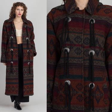 90s Woolrich Southwestern Tassel Blanket Coat - Men's Small | Vintage Unisex Snap Up Hooded Wool Jacket 