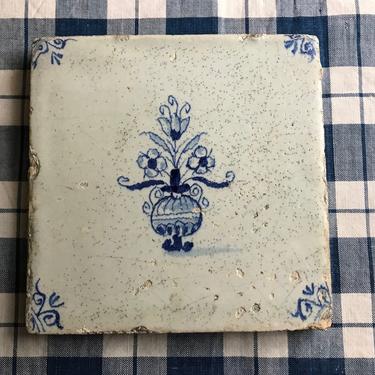 18th C Dutch Delft Tile, Flowerpot, Handpainted, Blue White, Floral 