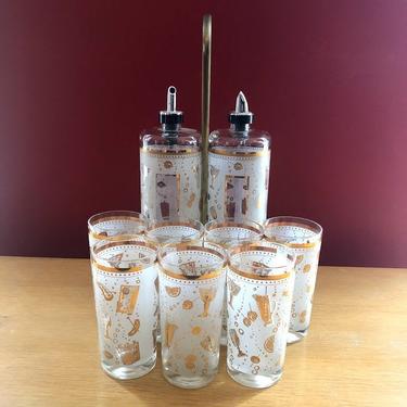 Fabulous Mid Century Bar Cocktail Set with Gold Cocktail Themed Pattern Decanters in Stand w 7 Tall Glasses 