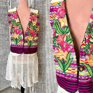 Fabulous Floral Embroidered Vest, Ethnic, Guatemala, Woven Cotton, Vintage 