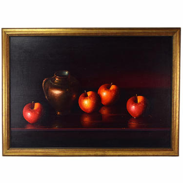 Luciano Guarnieri Italian Realist Still Life Oil Paint w Apples and Urn 