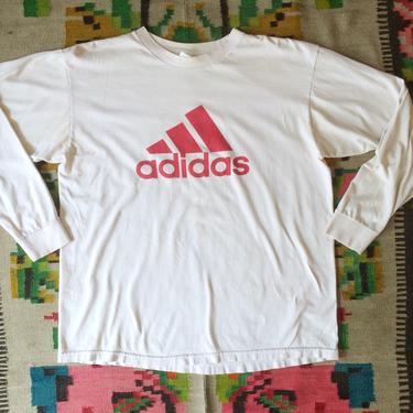 1990s Vintage Adidas Logo Long Sleeve T Shirt - White with Red - Men's L - Made in USA by HighEnergyVintage