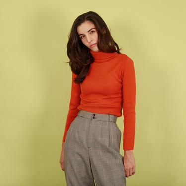 90s Pumpkin Orange Long Sleeve Turtleneck Vintage Stretchy Fitted Sweater 