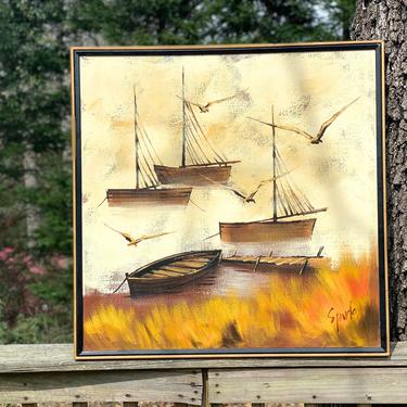 Vintage 1960s MID Century Modern Sparks Painting on Canvas Wall Art Abstract Seagulls Boats 