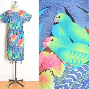 vintage 80s dress Hawaiian print birds parrots tropical midi dress M blue clothing 