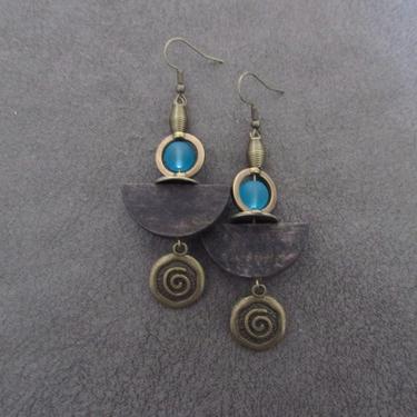 Wooden earrings, Afrocentric African earrings, bold earrings, statement earrings, geometric earrings, rustic natural earrings, blue glass 