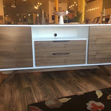 NEW Hand Built Mid Century Style TV Stand / Buffet / Credenza. White & Walnut 2 Drawer and 2 Door  - Angled Leg Base 