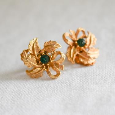 1950s Green Rhinestone and Gold Leaf Clip Earrings 