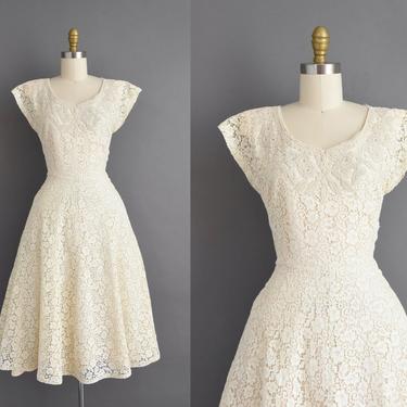 1950s vintage dress | Gorgeous Prima Ivory Cotton Lace Sweeping Full Skirt Bridesmaid Wedding Dress | Small | 50s dress 