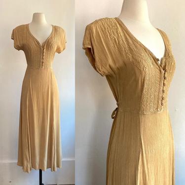 Vintage 90's Rayon GAUZE Grunge Boho Dress / EMBROIDERED Bodice + Back Tie / Made in India 