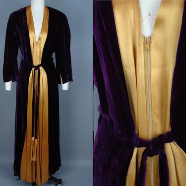 1940s Velvet &amp; Satin Zip Front Gown | Vintage 40s Luxurious Robe with Tasseled Waist Ties | small / medium 