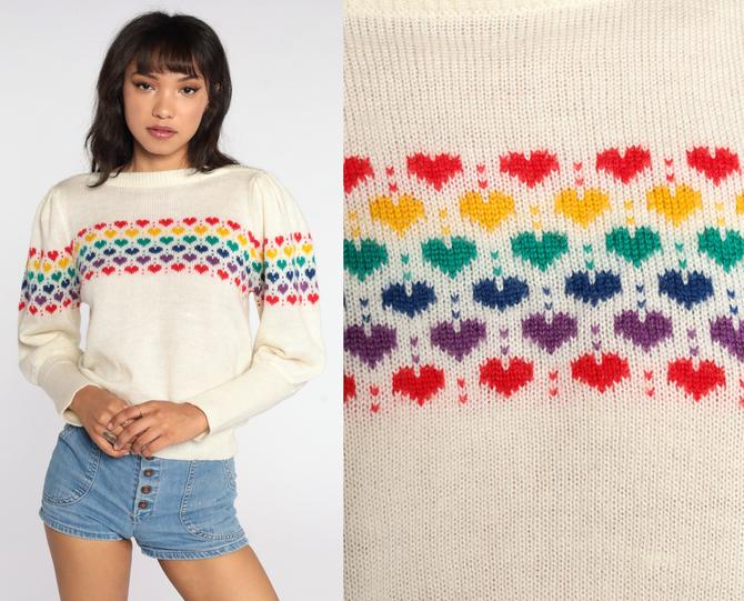 Rainbow Heart Sweater 80s PUFF SLEEVE Sweater Cream Pullover Jumper, Shop  Exile