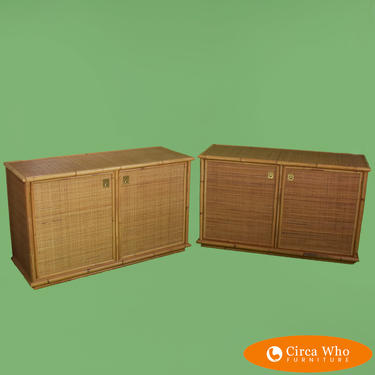 Pair of Faux Bamboo Woven Rattan Cabinets
