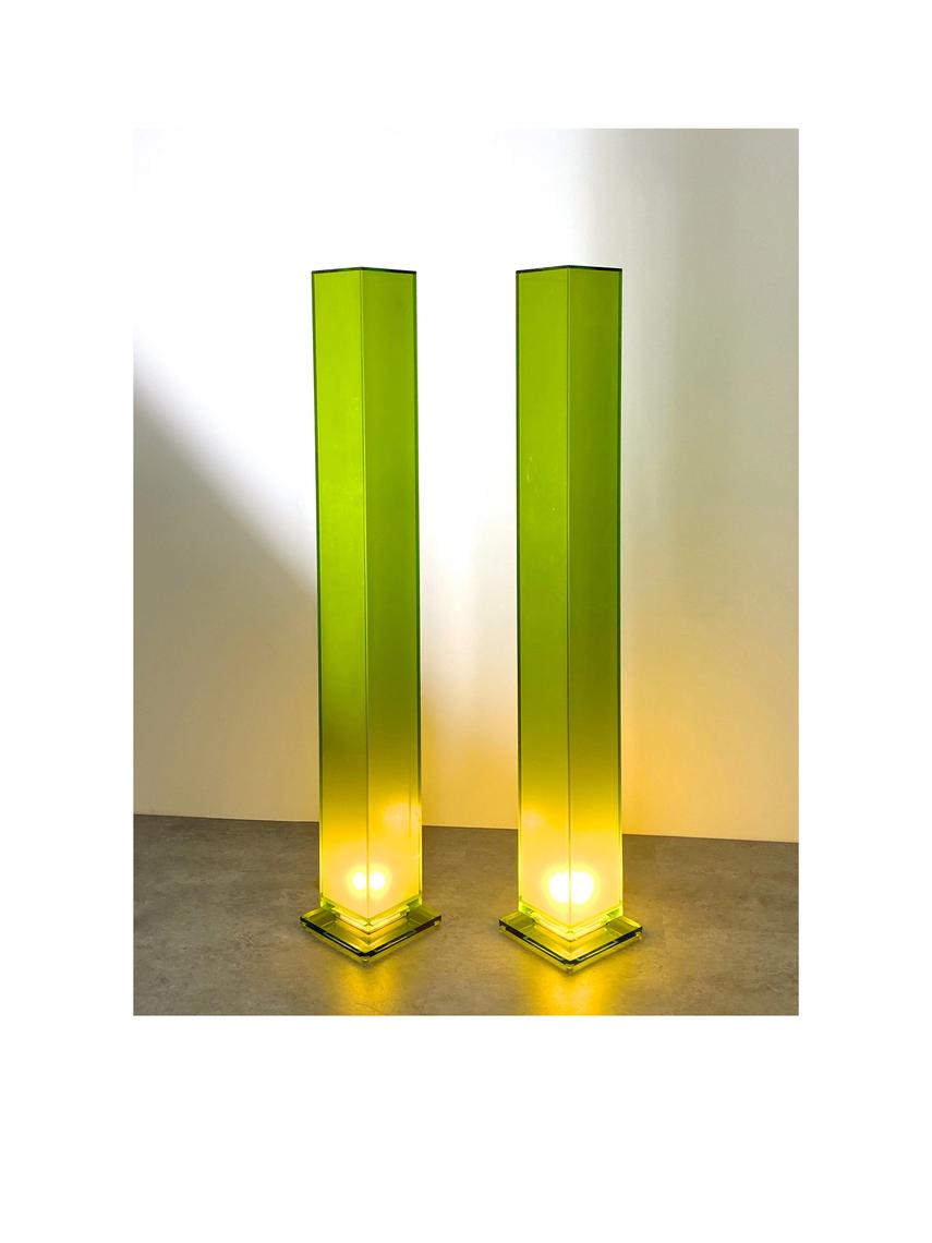 6 Ft Pair of Vintage Green Lucite Column Floor Lamps by 20c Modern