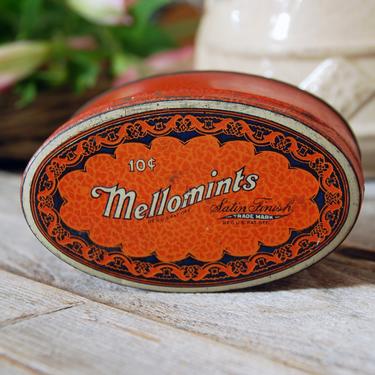 Antique Mellomints tin / vintage candy tin /  1940s Brandle Smith tin / vintage food advertising / rustic primitive collectable tin 