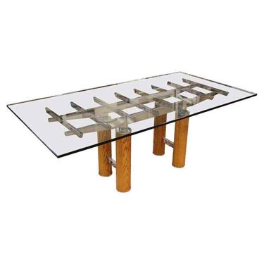 Mid Century Modern Brueton Glass Top Chrome & Wood Base Dining Table 1970s 