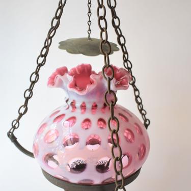 Fenton Cranberry Coin Dot Opalescent Hanging Ceiling Light Fixture | Hard Wired Pendant Lamp | Single Bulb Electric | Handmade Glass Shade 