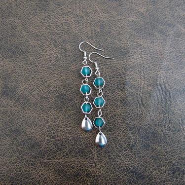 Long sea glass earrings, bohemian beach earrings, bold earrings, boho earrings, teal dangle earrings, geometric hexagon earrings, artisan2 