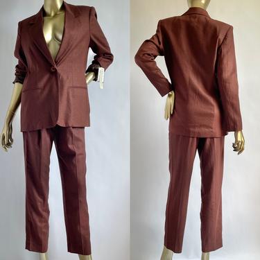 1980's Linen Blend Two Piece Set High Waist Trousers with Oversized Blazer Chocolate Brown NWT 