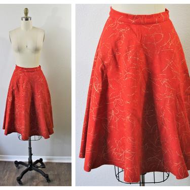 Vintage 1950s Red Metallic Gold Tinsel Speckled Twix Miss Atomic Poodle Felt Skirt  // Modern US 0 2 xs 