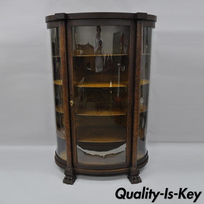 Antique Oak Paw Feet Curved Triple Bow Front Glass China Cabinet