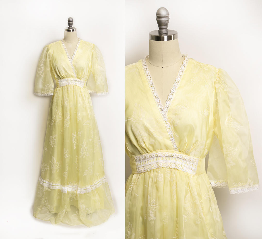 1970s Dress Chiffon Floral Yellow Maxi Boho Gown 70s Large | Deja ...