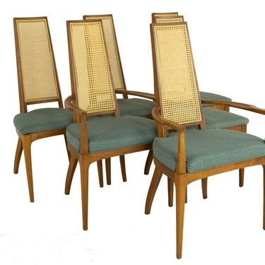 Lane Rhythm Style Mid Century Walnut and Cane High Back Dining Chairs - Set of 6 - mcm 