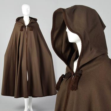 1976 Cape Yves Saint Laurent Brown Wool Cloak with Pointed Hood Tassels Large Sweep 