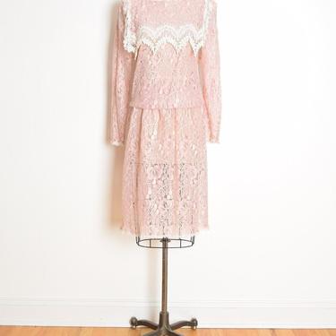 vintage 80s dress Jessica McClintock sheer pink lace crochet sailor collar flapper midi M clothing 