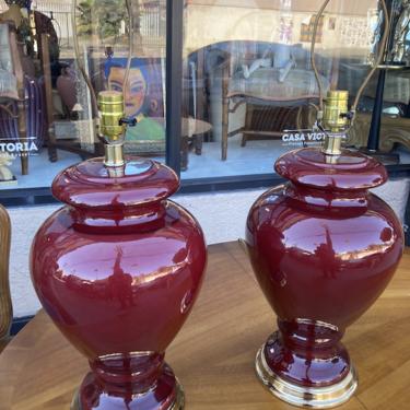 Rich and Inviting | Pair of Large Burgundy Ceramic Lamps