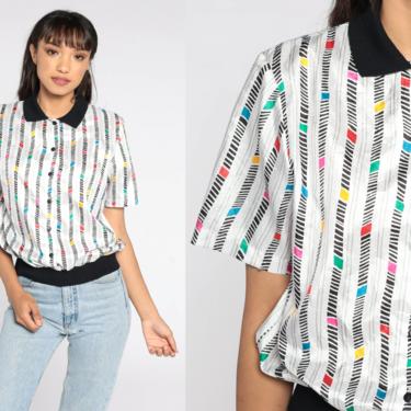 80s Striped Shirt -- White Black Slouchy Shirt 90s Button Up Retro Tee Vintage Slouch Short Sleeve Loose Medium 
