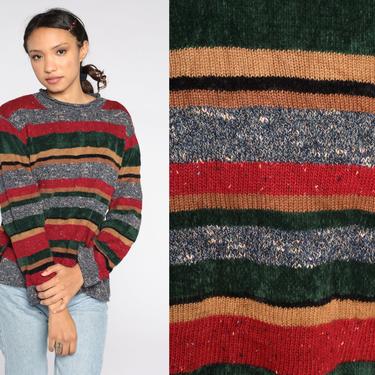 90s Striped Sweater Red Green Sweater Knit Slouchy Pullover Jumper 1990s Vintage Retro Chenille Sweater Extra Large xl 