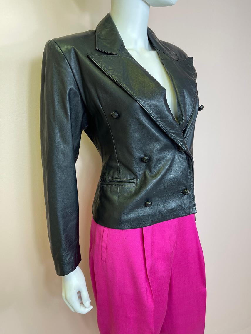 Vtg 80s black leather cropped blazer small | Animal Vintage | Miami, FL