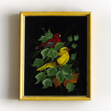 Vintage Original Frame Oil Paint on Masonite Board of Two Red Yellow Birds on Bough by Listed American Artist Maria Lak 20th Century Art 